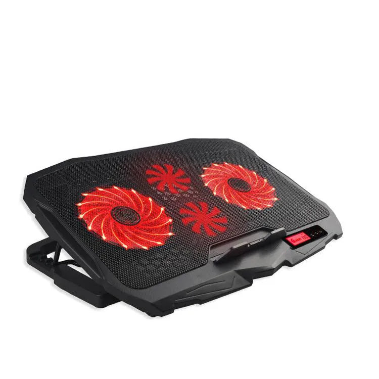 Black laptop cooling stand with copper heat sink, four heat pipes and dual USB ports