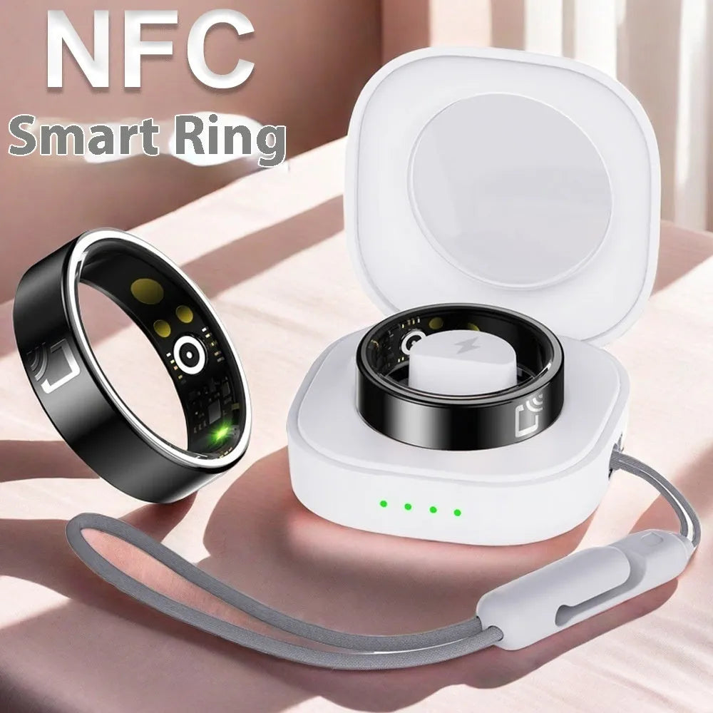Black ceramic smart ring on finger showing health monitoring display with heart rate and blood oxygen readings