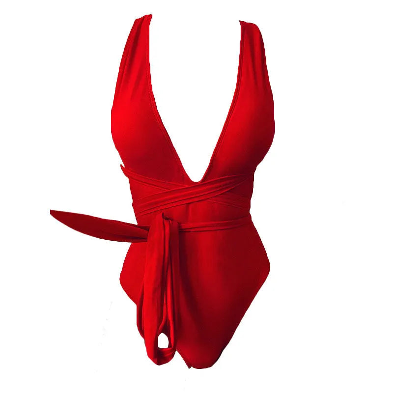 Women's one-piece swimsuit with lace-up front, deep V backless design and high-waist fit in solid colour