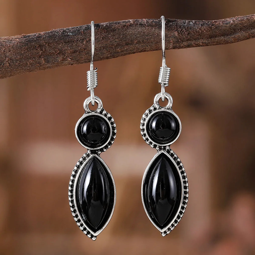 Vintage geometric pendant earrings with black and purple colours, zinc alloy construction with electroplated finish