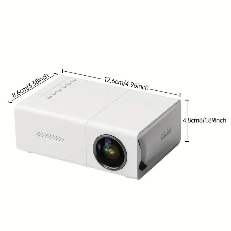 M100 Mini Projector in black or white showing 100-inch projection with international power compatibility