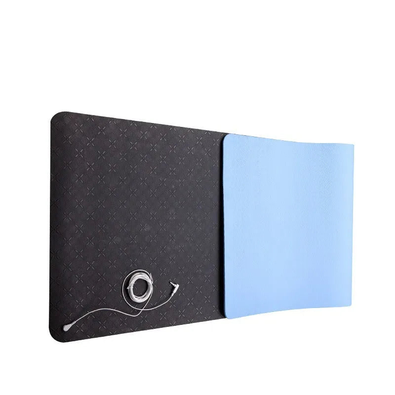 Blue conductive yoga mat with plants pattern, grounding wire, and 182 cm length for tall users