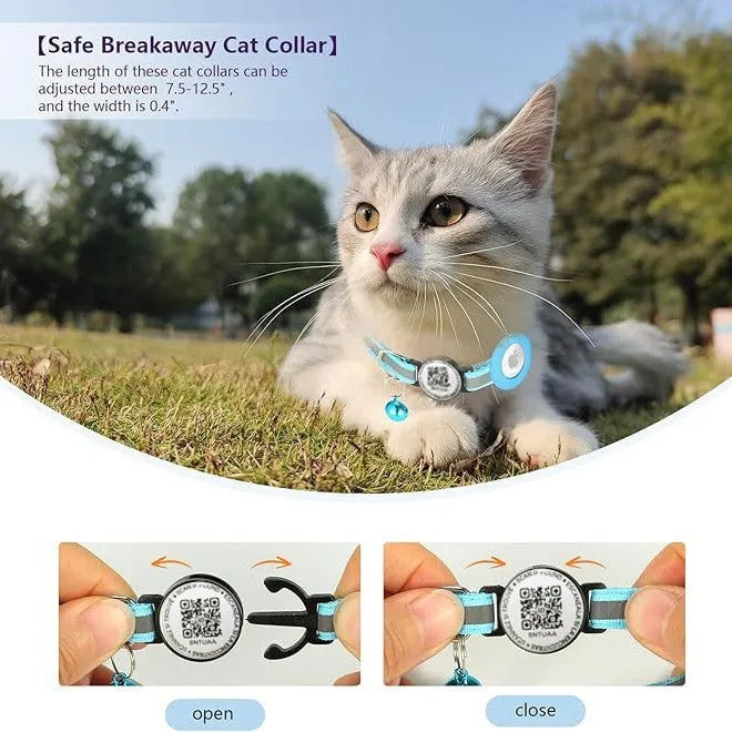QR code pet collar with silicone AirTag case, reflective stripe or three-line rope, black pink sky blue, 30.48cm
