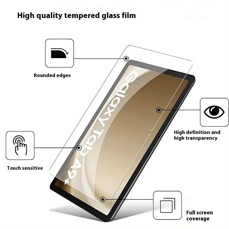 Samsung tablet tempered glass screen protector with 2.5D arc edge and anti-fingerprint coating on a Galaxy Tab