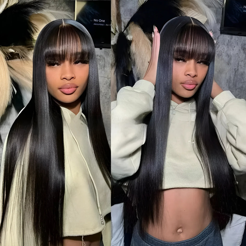 Straight fringe human hair wig with full-mechanism headgear on a display stand.