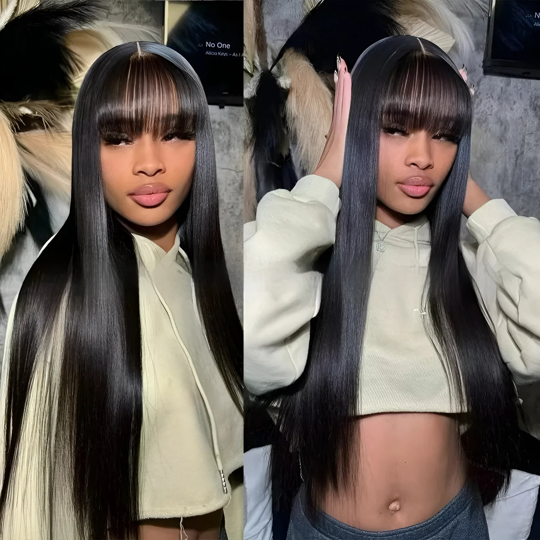 Straight fringe human hair wig with full-mechanism headgear on a display stand.