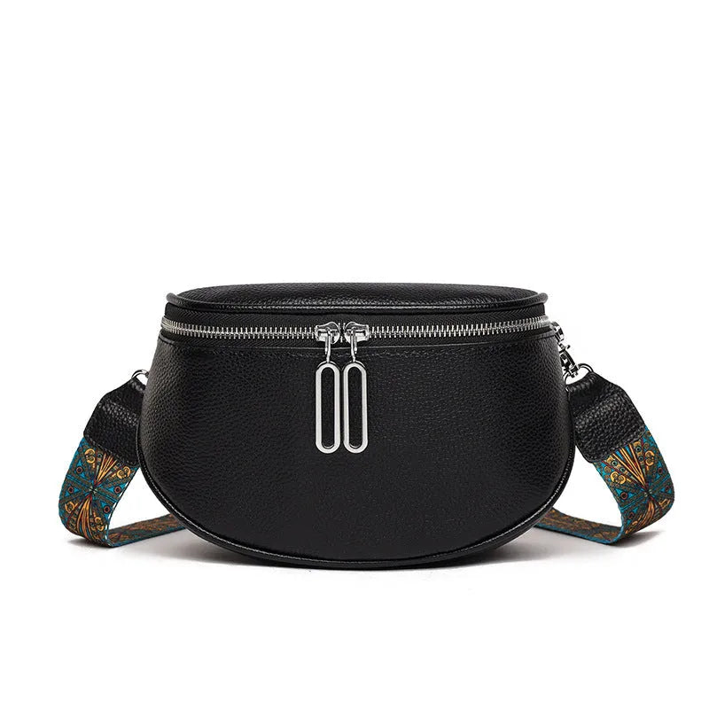 Women's soft PU messenger bag in saddle shape with single strap and zipper changing bag, available in black, white, green.