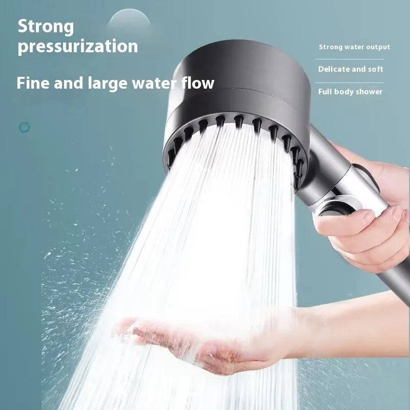Portable shower head with adjustable settings for spray, massage, and rain functions, made from ABS material.