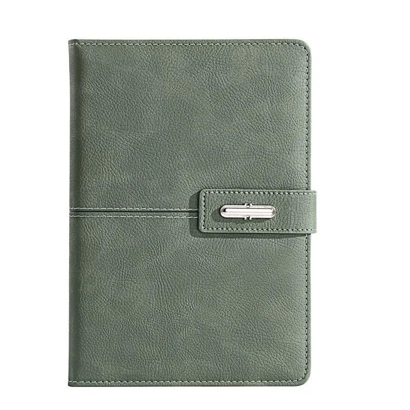 A5 notebook with imitation leather cover in various colours, open to show wood-free paper pages