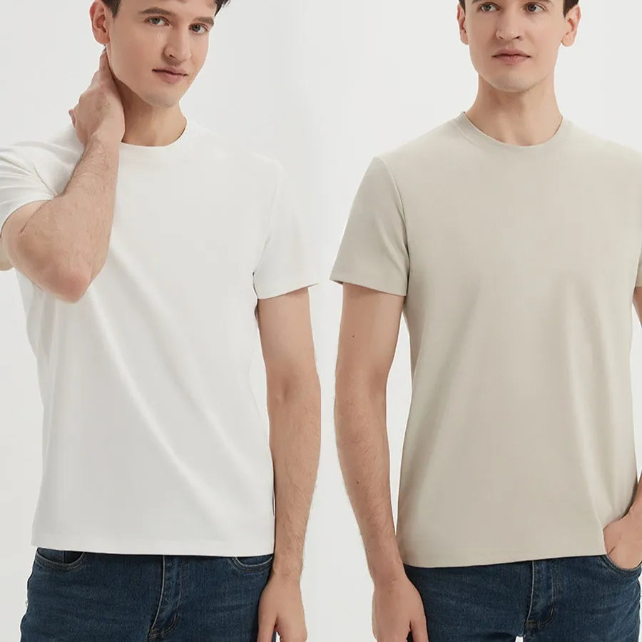 Beige short sleeve pullover with straight style and regular sleeves featuring quick-dry antibacterial fabric