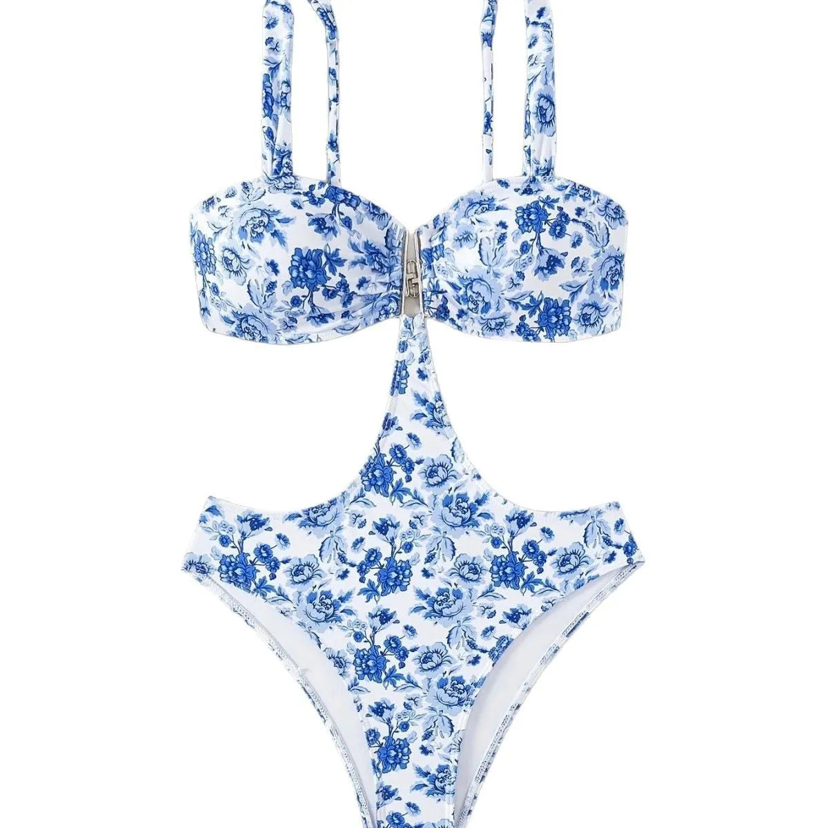 Girls blue and white porcelain floral print one-piece swimsuit in polyester, sizes S M L