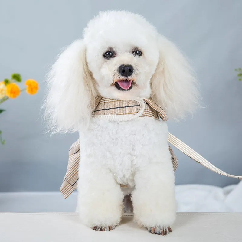 Polyester pet harness vest with integrated hand-holding rope in milky white or purple colour options