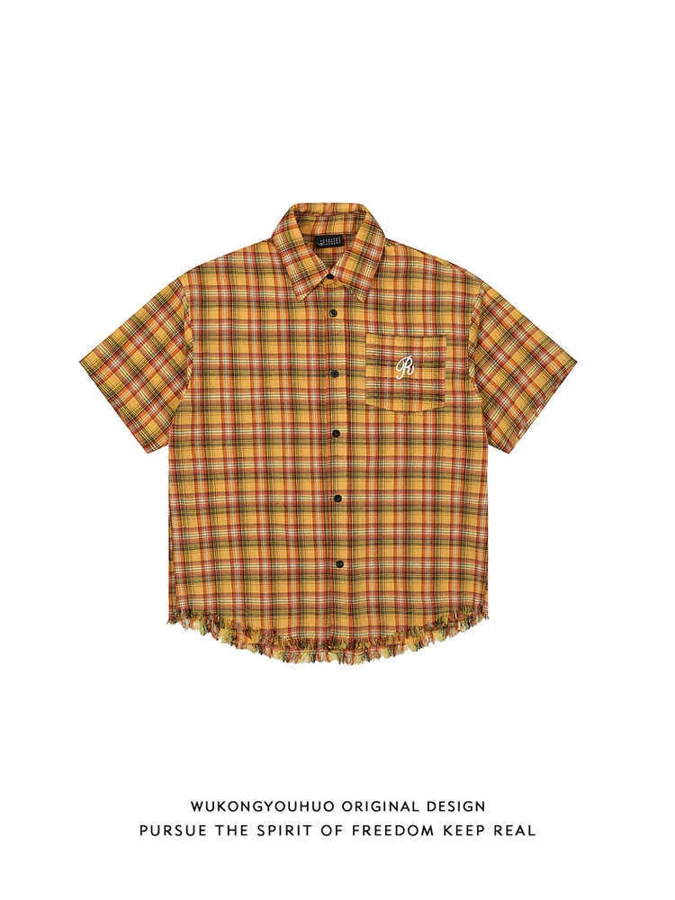 Yellow grid plaid short sleeve shirt with American embroidery pocket, loose fit for men and women