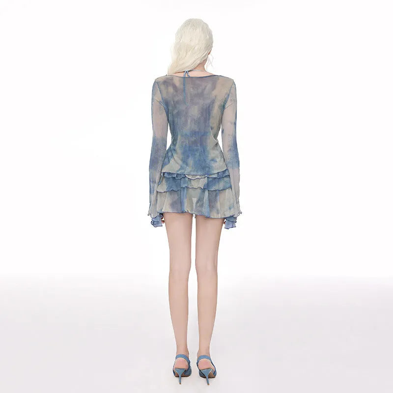 Women's long-sleeved steel support push-up swimsuit in blooming blue, shown as a split set.