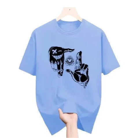 Men's grey mesh t-shirt with a cartoon digital print on the front, showing round neck and short sleeves.