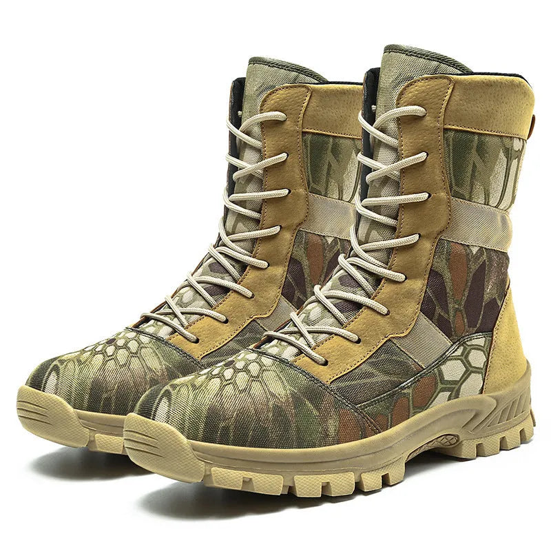 Men's black high-top Martin boots with mesh upper and totem design, size 42 on wooden floor