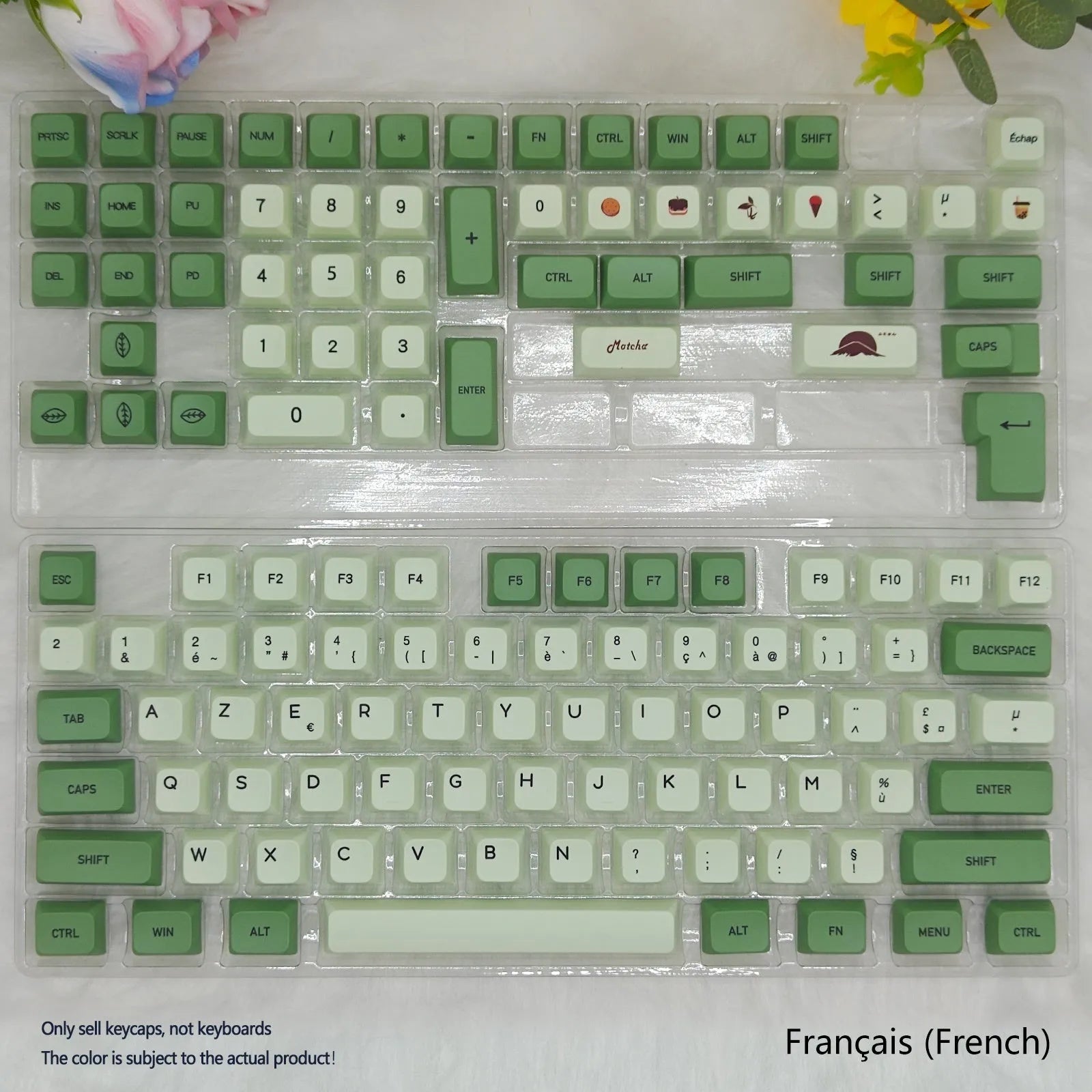 124 Matcha green PBT keycaps with white dye-sublimated legends, arranged in a keyboard layout.