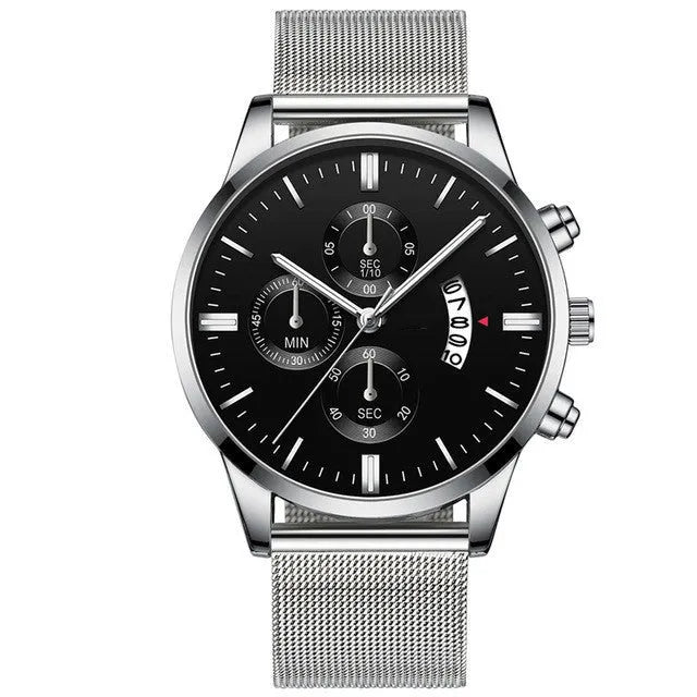 Men's stainless steel quartz watch with mesh band showing 4.2cm case and decorative dial in two-tone colour combination