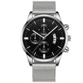 Men's stainless steel quartz watch with mesh band showing 4.2cm case and decorative dial in two-tone colour combination