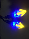 Arrow-shaped LED motorcycle turn signal lamp for 12V systems, made from black ABS plastic.