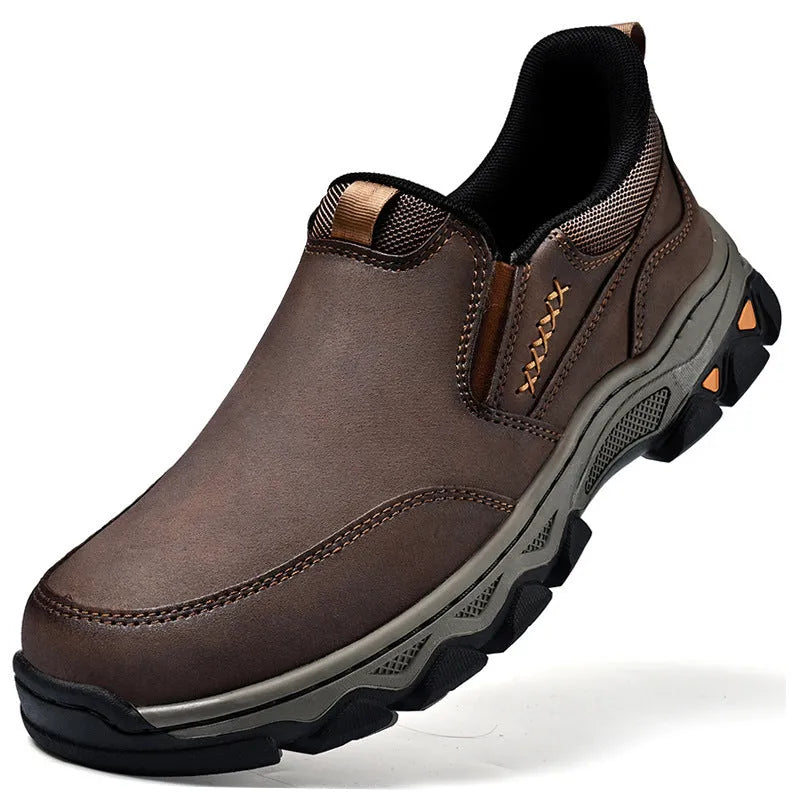Men's dark brown casual shoes with round toe and flat rubber sole