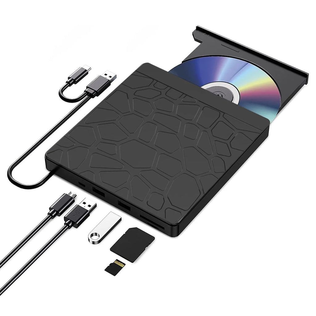 Black external optical drive with dual USB connectors for notebook computers