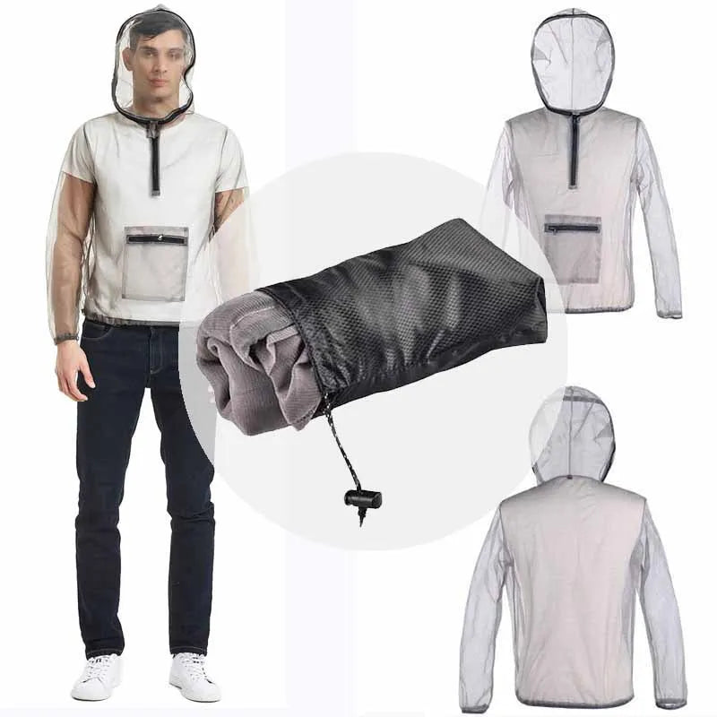 Grey mesh insect bite jacket for camping and fishing, available in sizes XL, XXL and XXXL