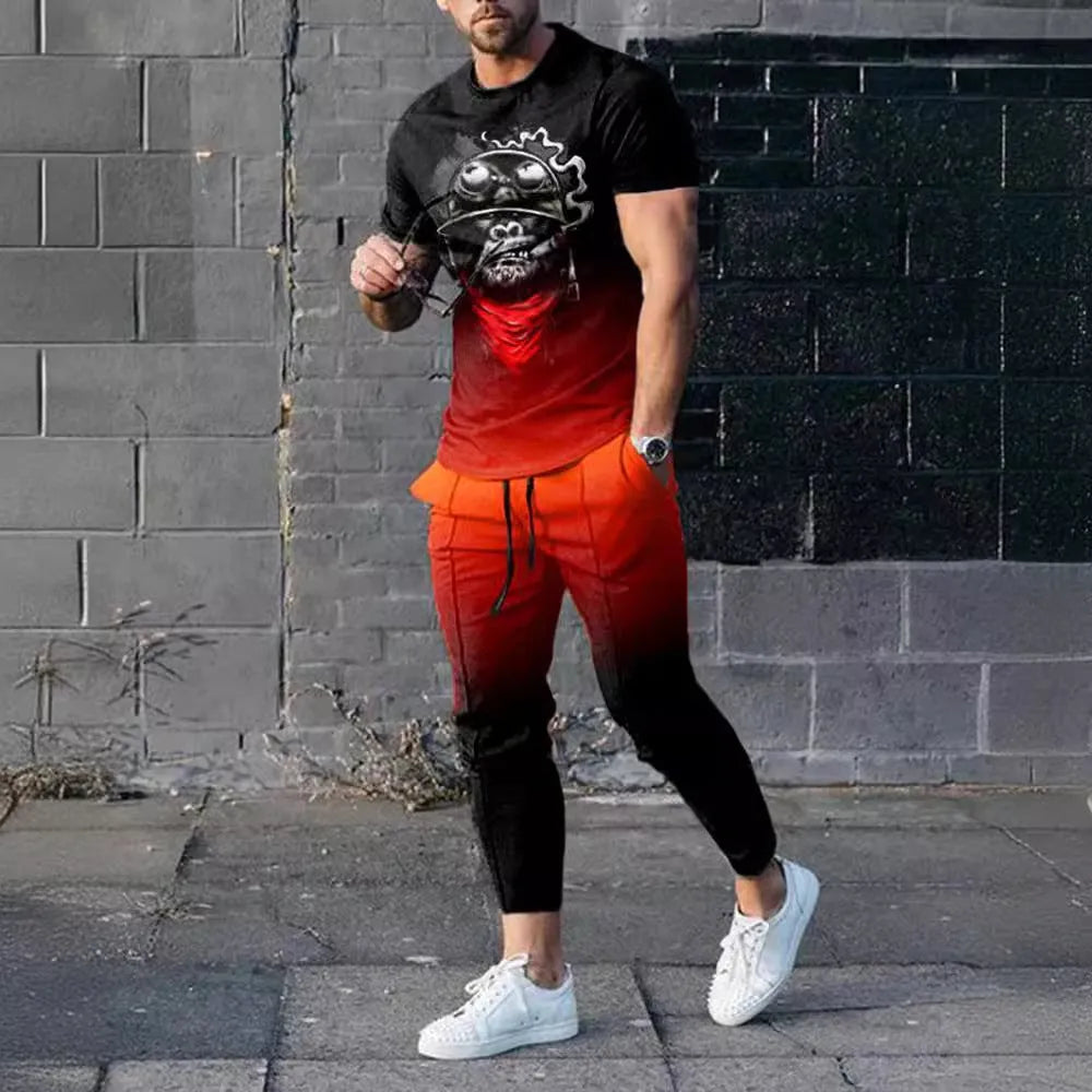 Men's short-sleeved polyester tracksuit set with trousers in various colours, sizes S to 4XL, for sports activities