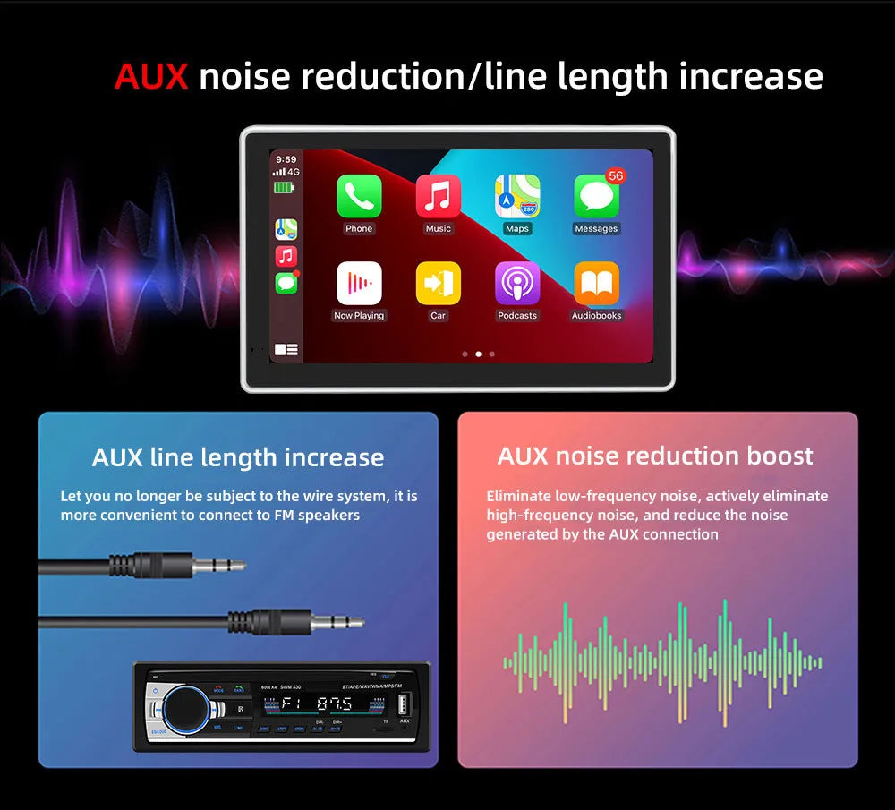 Black 7-inch wireless CarPlay projection camera and dash cam with touch screen for dashboard mounting.