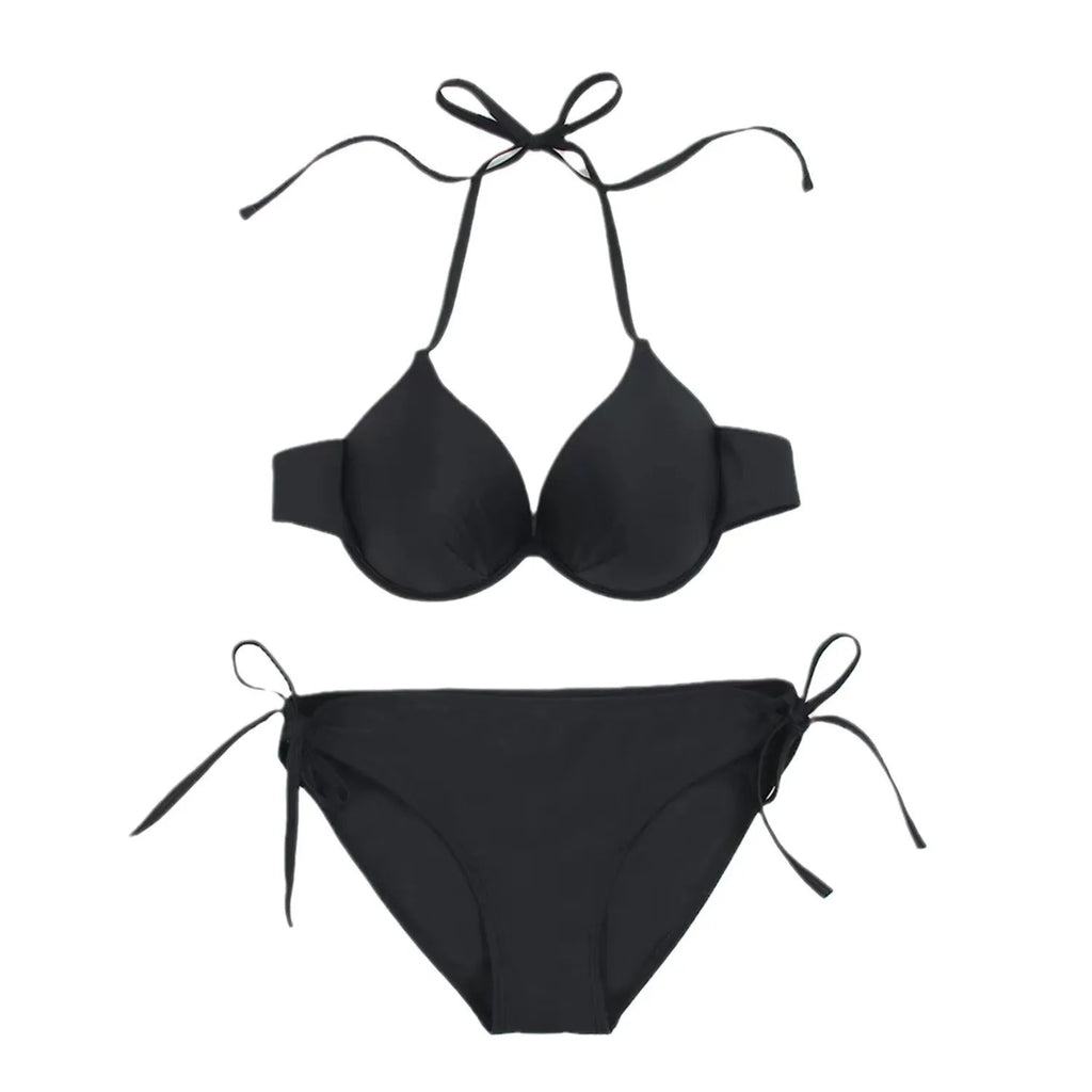 Rose red or black women's bikini swimsuit with steel bracket detail.