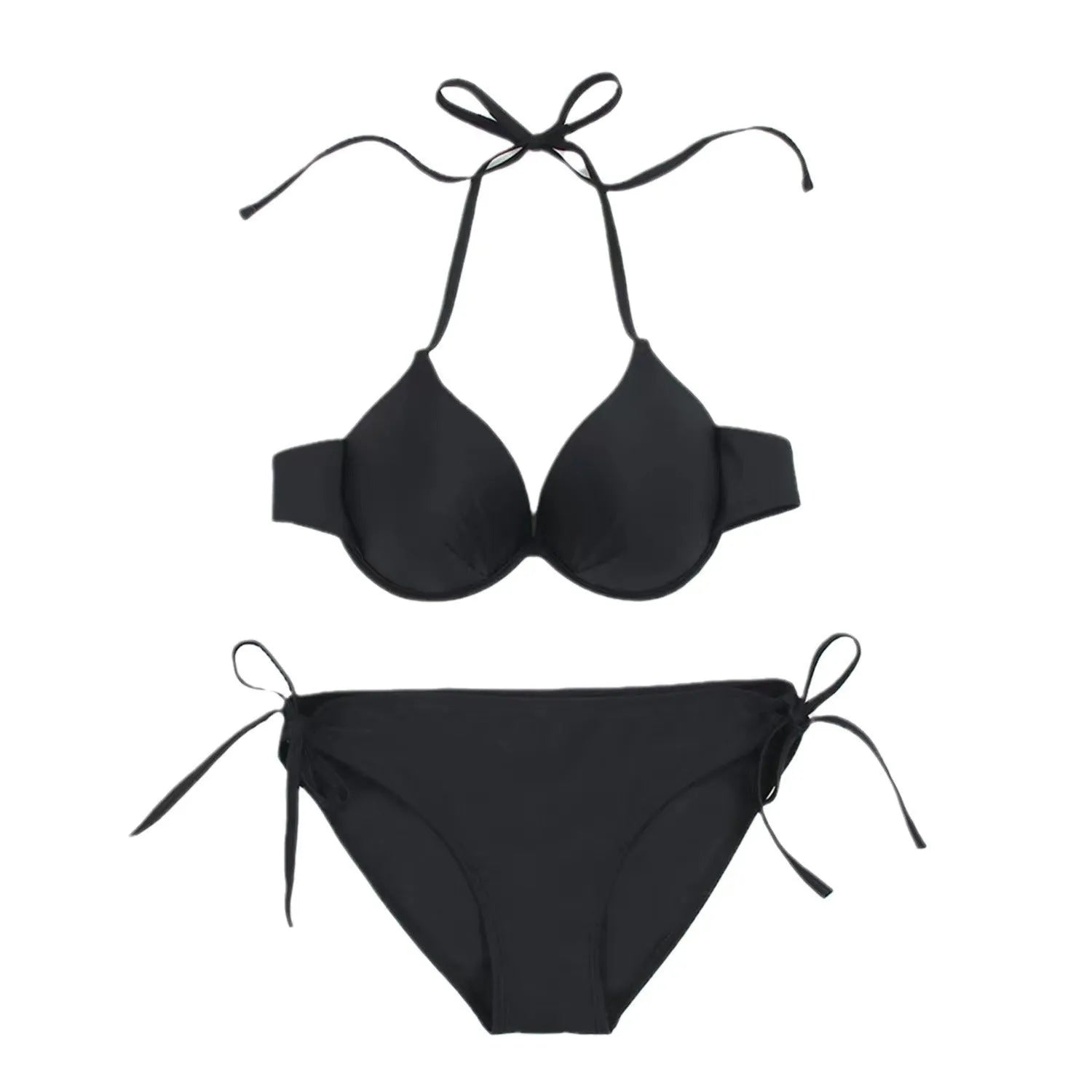 Rose red or black women's bikini swimsuit with steel bracket detail.
