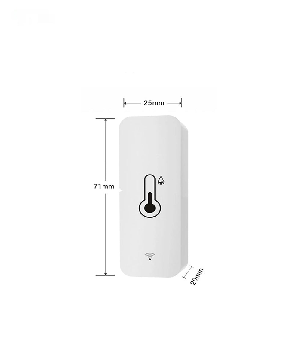 White rectangular WiFi Zigbee temperature humidity sensor measuring 72mm by 25mm by 20mm