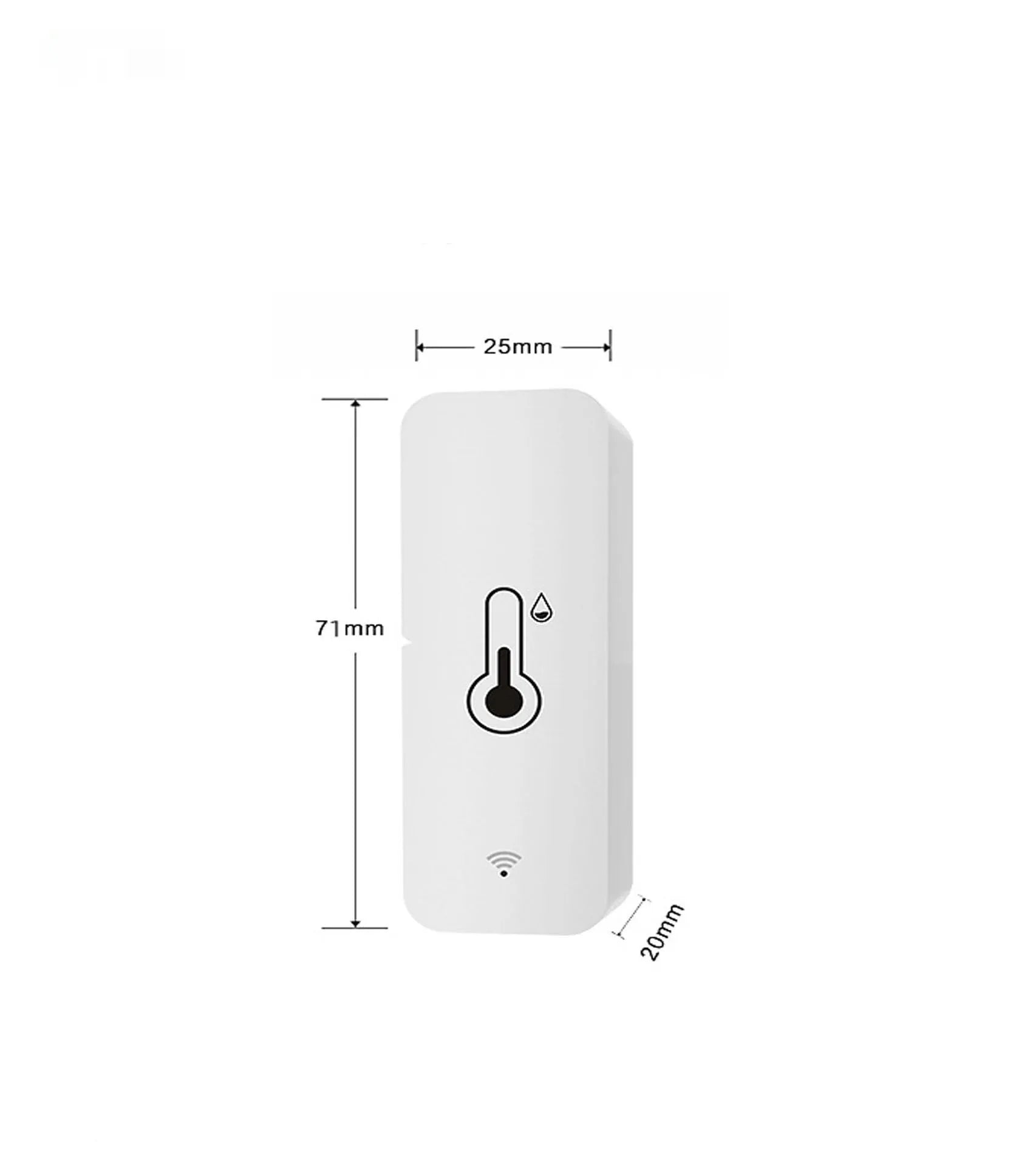 White rectangular WiFi Zigbee temperature humidity sensor measuring 72mm by 25mm by 20mm
