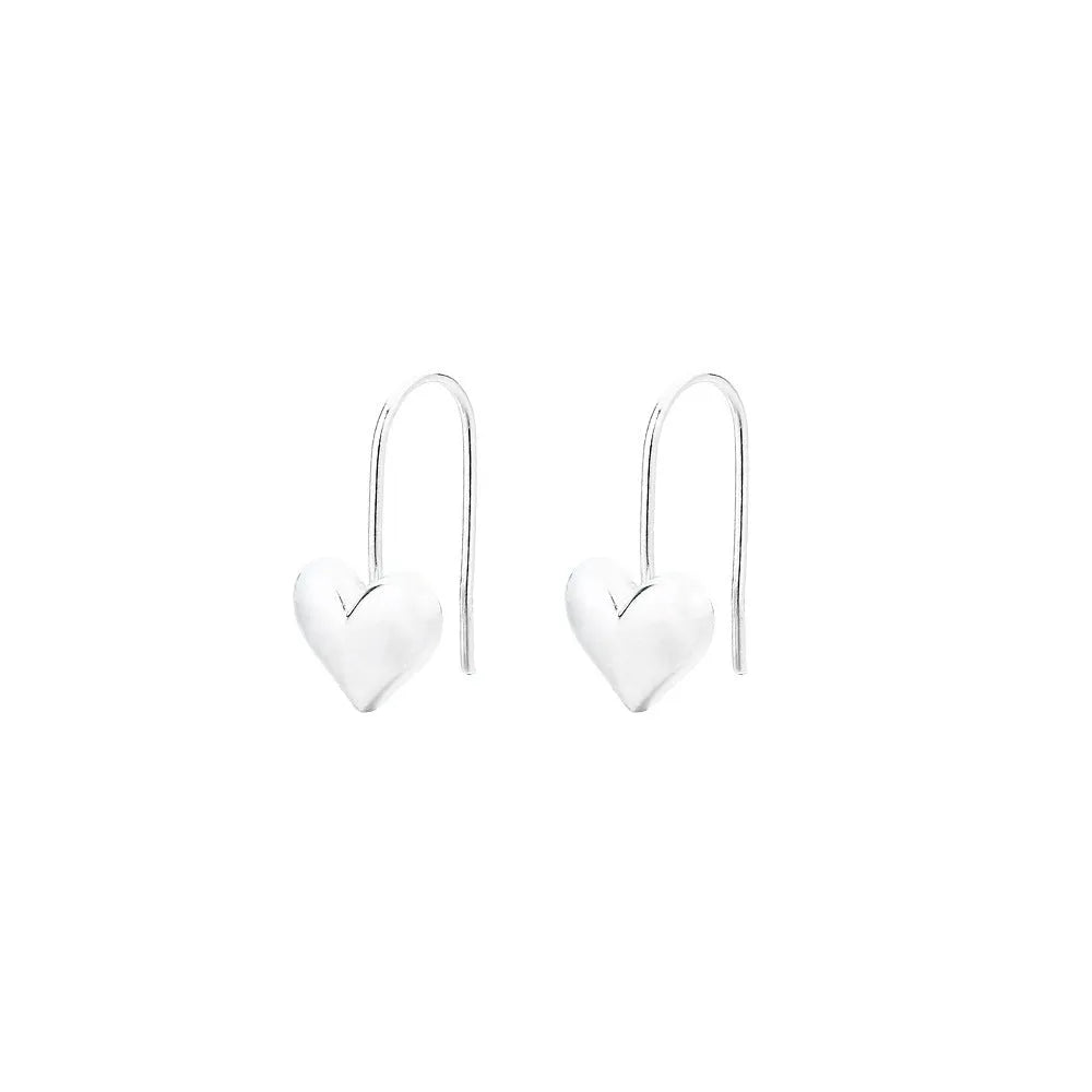 Heart-shaped copper earrings with white gold plating and glossy finish, showing three-dimensional design