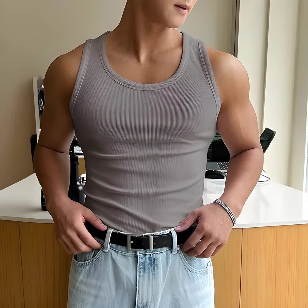 Men's tight fit round neck workout T-shirt in polyester, shown in various colours including black and blue.