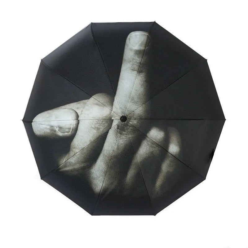 Tri-fold folding umbrella with iron frame shown in street style design with manual opening mechanism