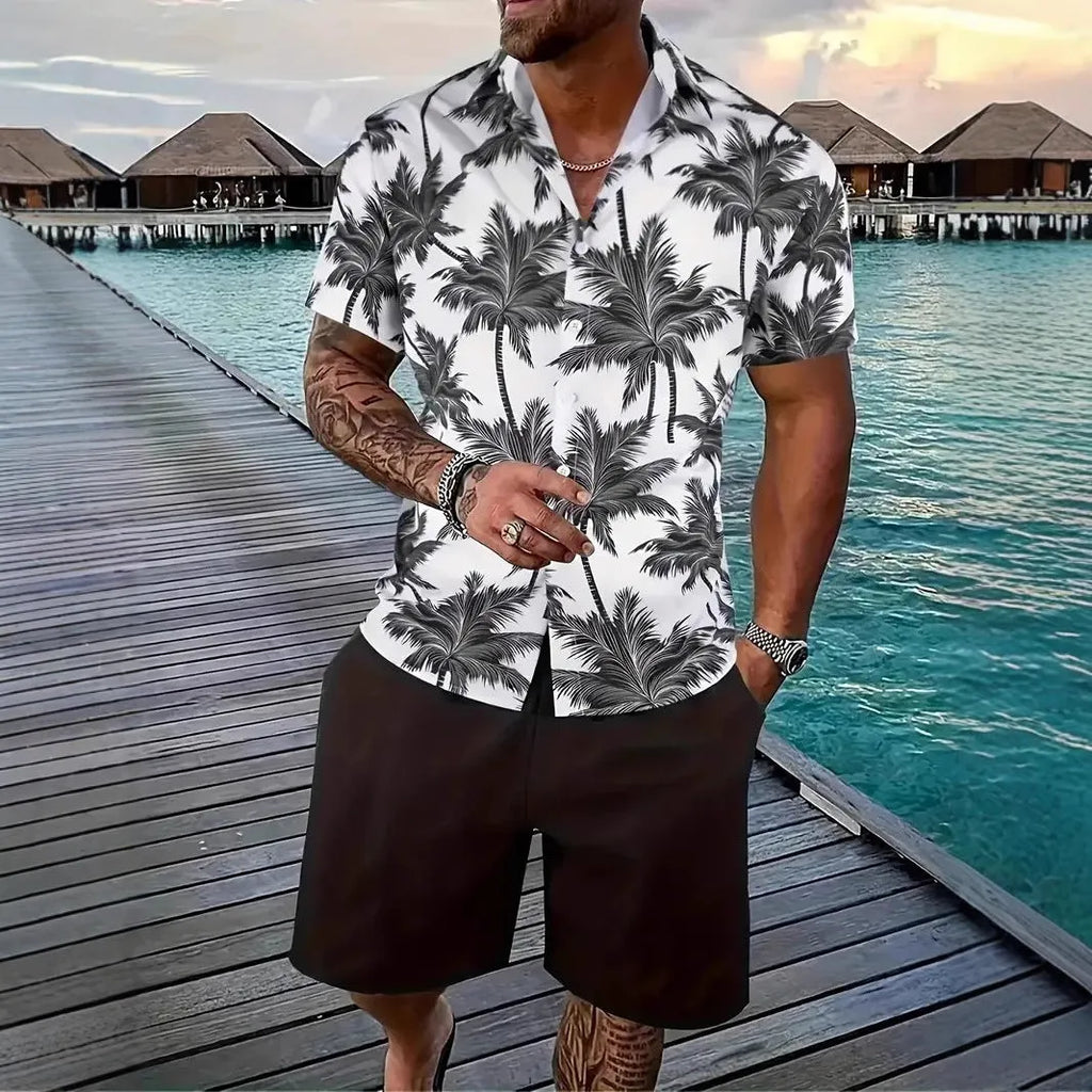 Men's Hawaii 3D printed short sleeve suit with matching shorts in vibrant patterns