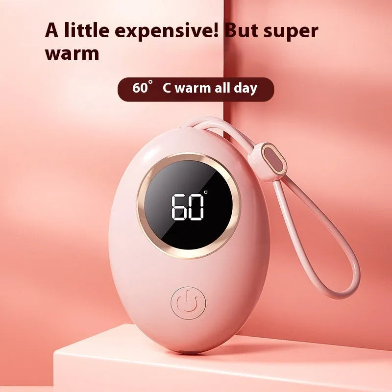 Hand warmer power bank with USB digital display showing battery percentage, aluminium heat dissipation, in charming blue colour