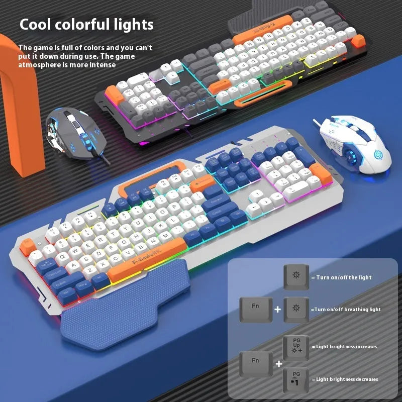 Blue wired gaming keyboard and mouse set with backlit keys on dark surface