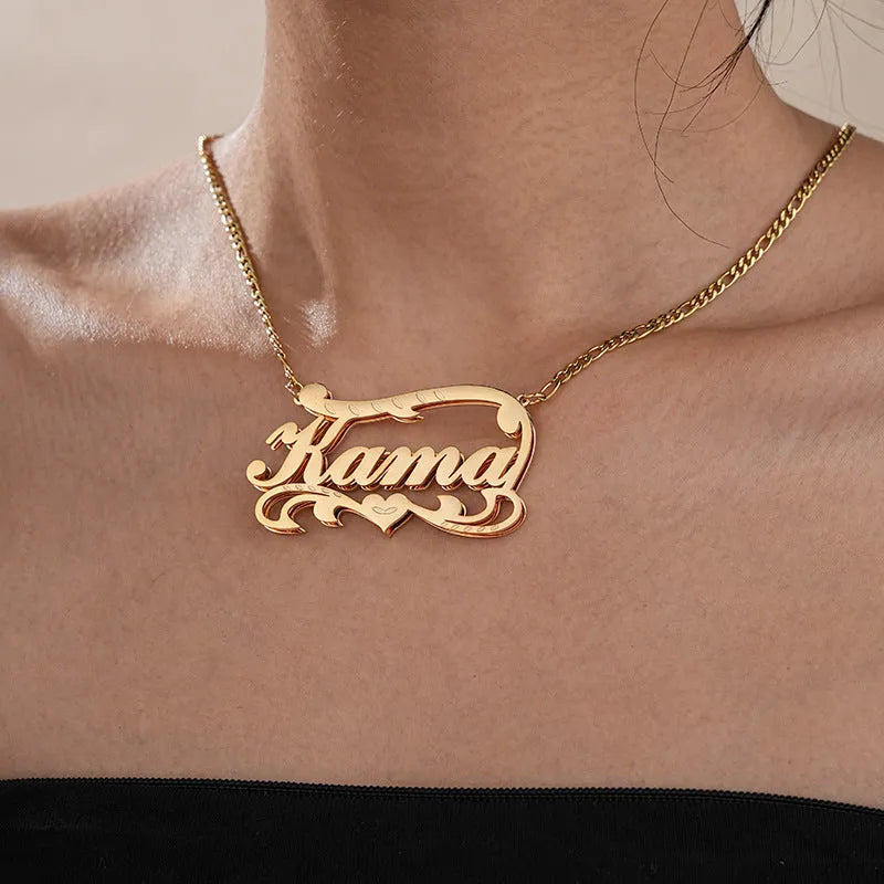 Personalised double-layer wave heart necklace with engraved text in gold or silver stainless steel