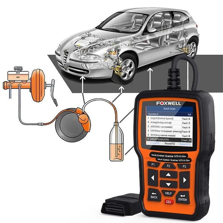 Foxwell NT510 orange and black automotive diagnostic tool with data cable on a workshop bench