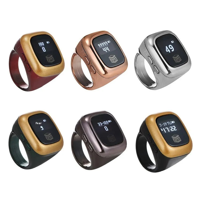 Al-fatiha Zikr electronic counter on wrist with digital display showing count, available in black, space grey, rose gold, silver, wine red, green.