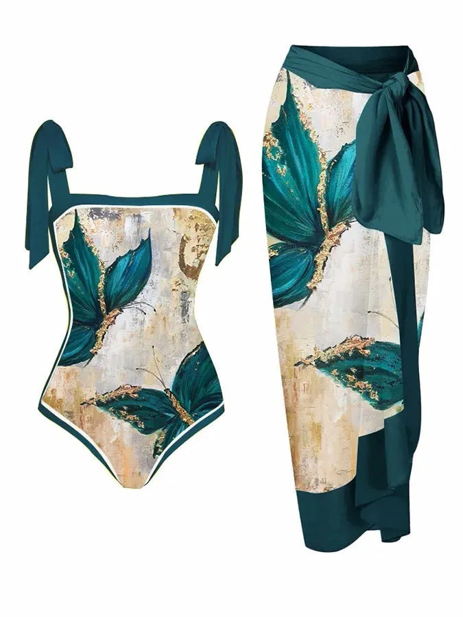 Women's printed chiffon swimsuit with matching hip skirt in floral pattern