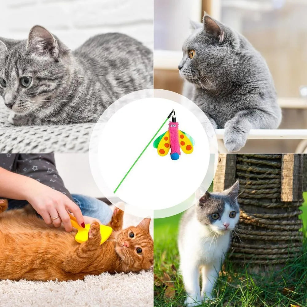 49cm cat wand toy with colourful dragonfly attachment and small bell for indoor cat play