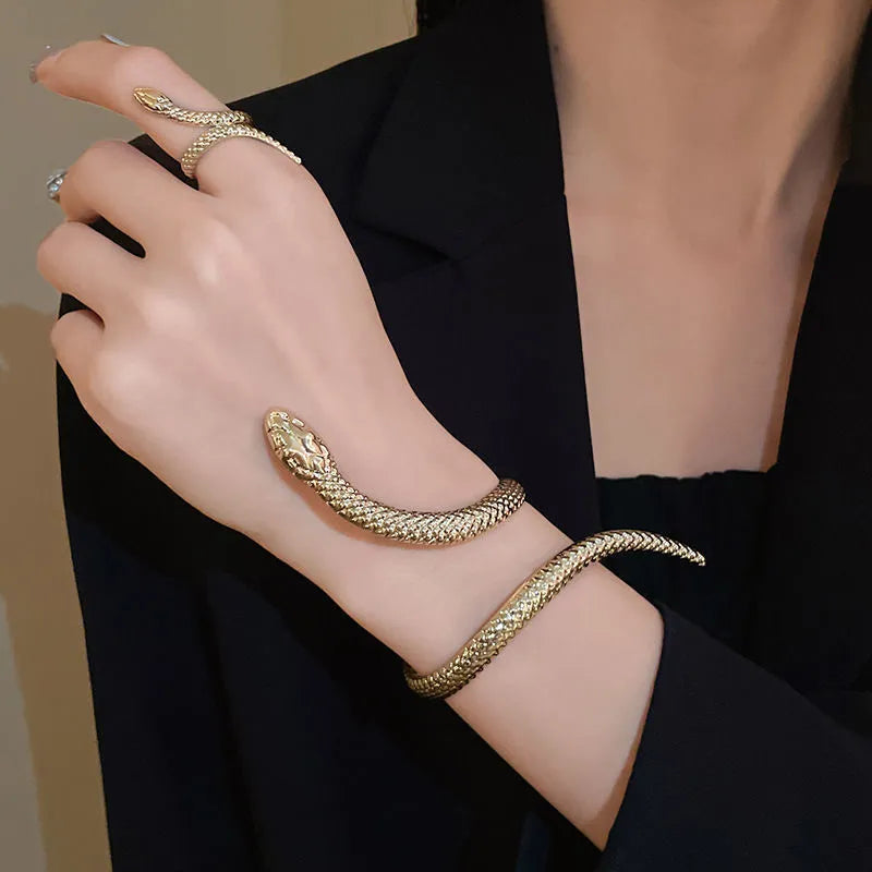 Gold and silver exaggerated twisted winding snake opening ring and bracelet jewellery set
