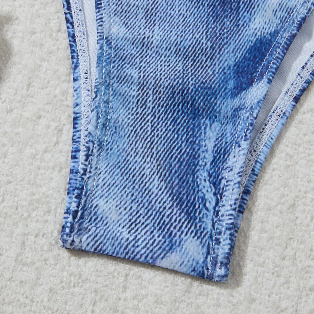 Women's denim blue bikini set with adjustable straps, showing front and back views on mannequin