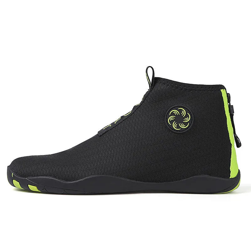 Outdoor beach shoes in black and fluorescent green with mesh upper and rubber sole.
