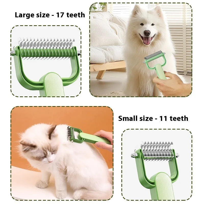 Green and grey dog unknotting combs in small and large sizes with stainless steel teeth on a PP handle.