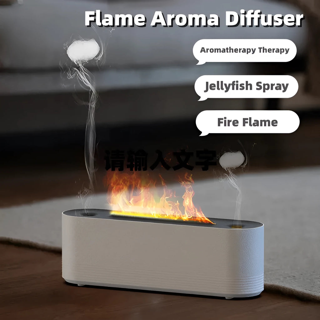 Black ultrasonic aroma diffuser with LED flame lighting emitting cool mist