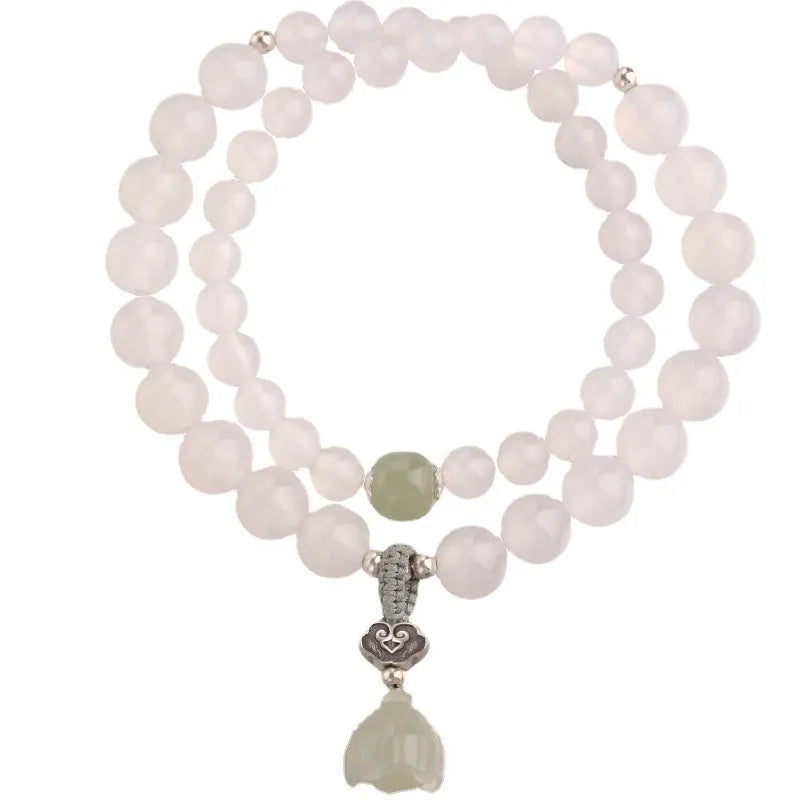 S925 sterling silver bracelet with white agate and green Hetian jade beads in geometric lotus pattern